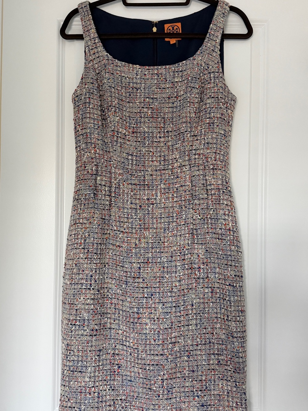 Tory Burch Navy-Accented Multicolor Tweed Sheath Dress